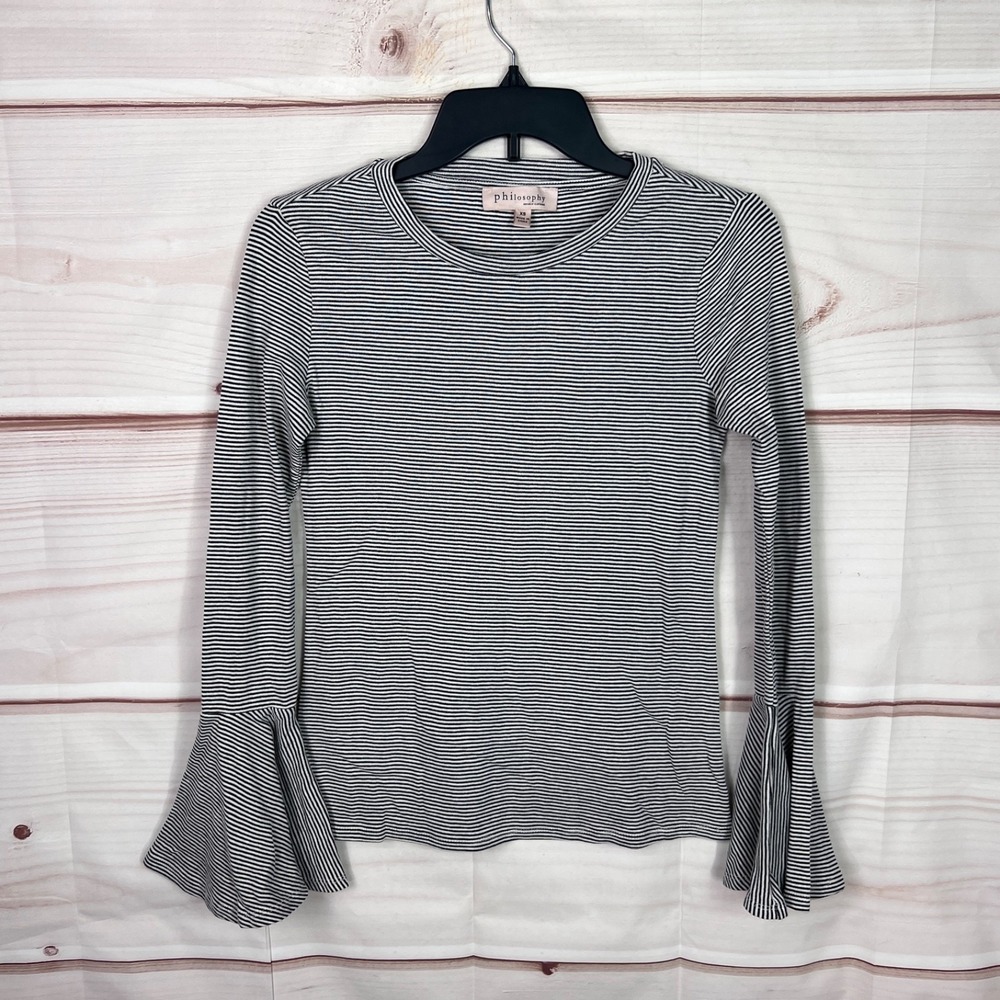 Philosophy Top Women XS Black Stripe Blouse Crew Neck Flare Sleeve Knit Pullover